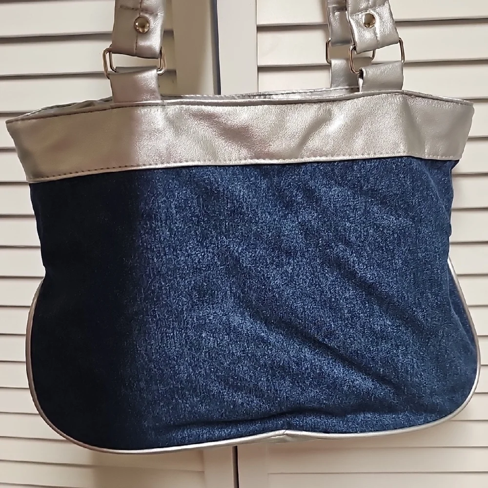 Vintage New Blair Navy Denim Shoulder Bag with Silver Trim Butterfly Rhinestones